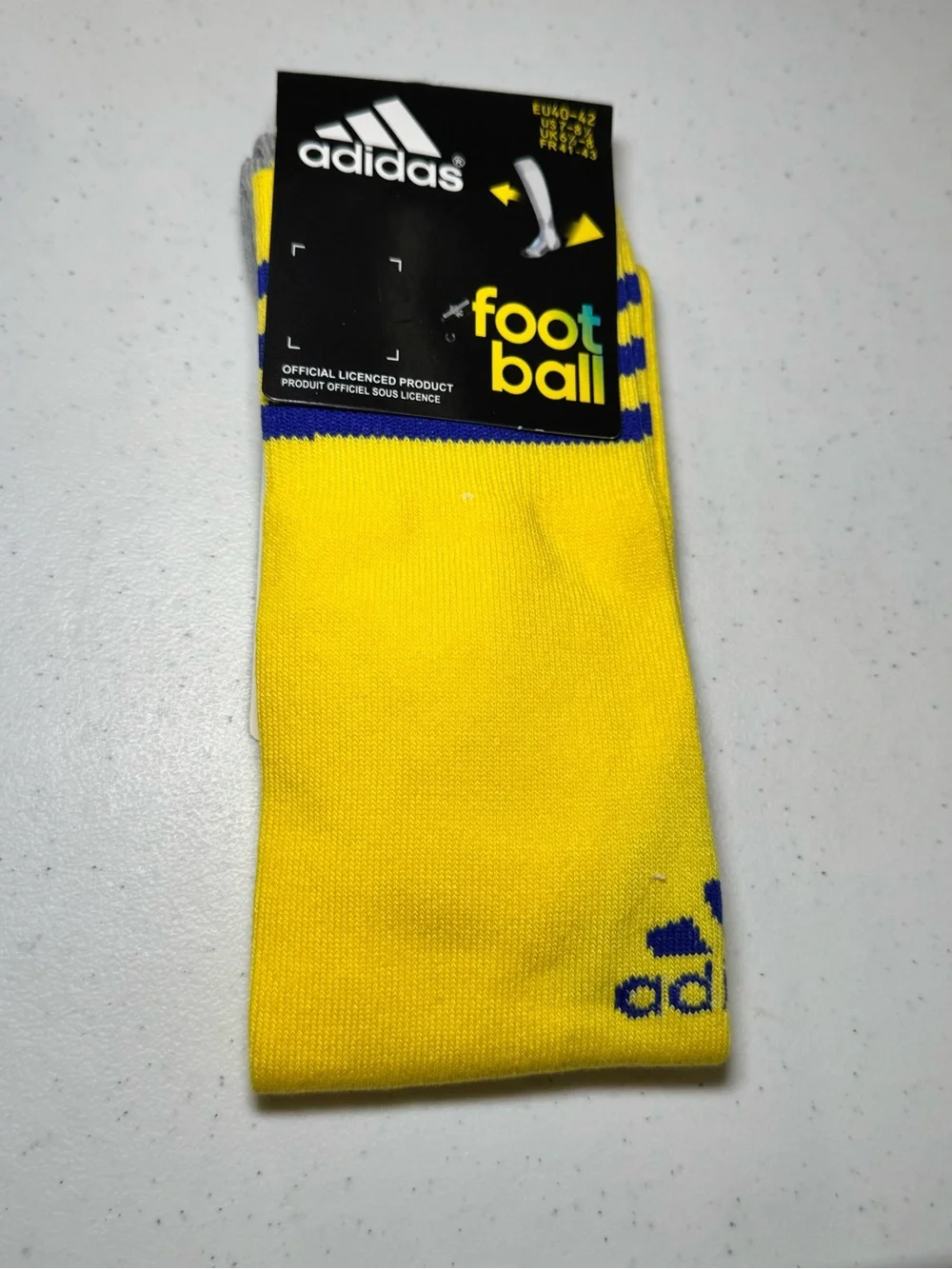 Adidas football Socks Yellow with 3 Blue stripes New EU 40-42 US 7-8 1/2 Size